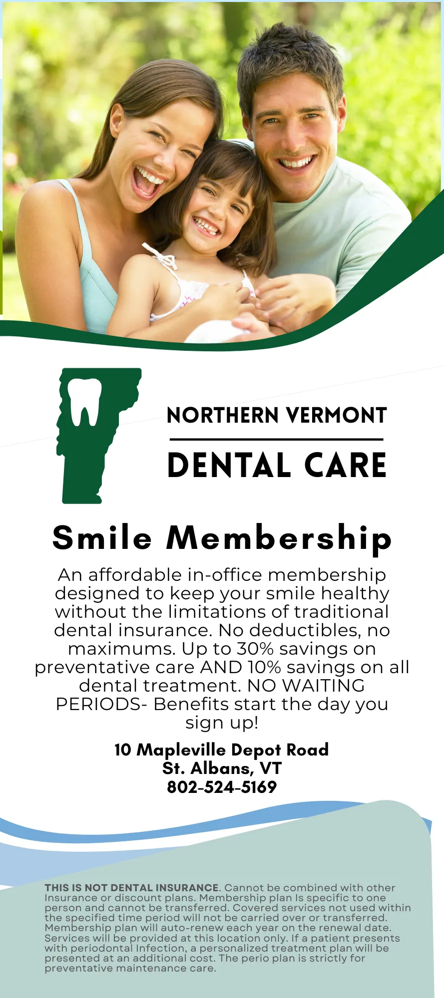 Membership plan details at Northern Vermont Dental Care
